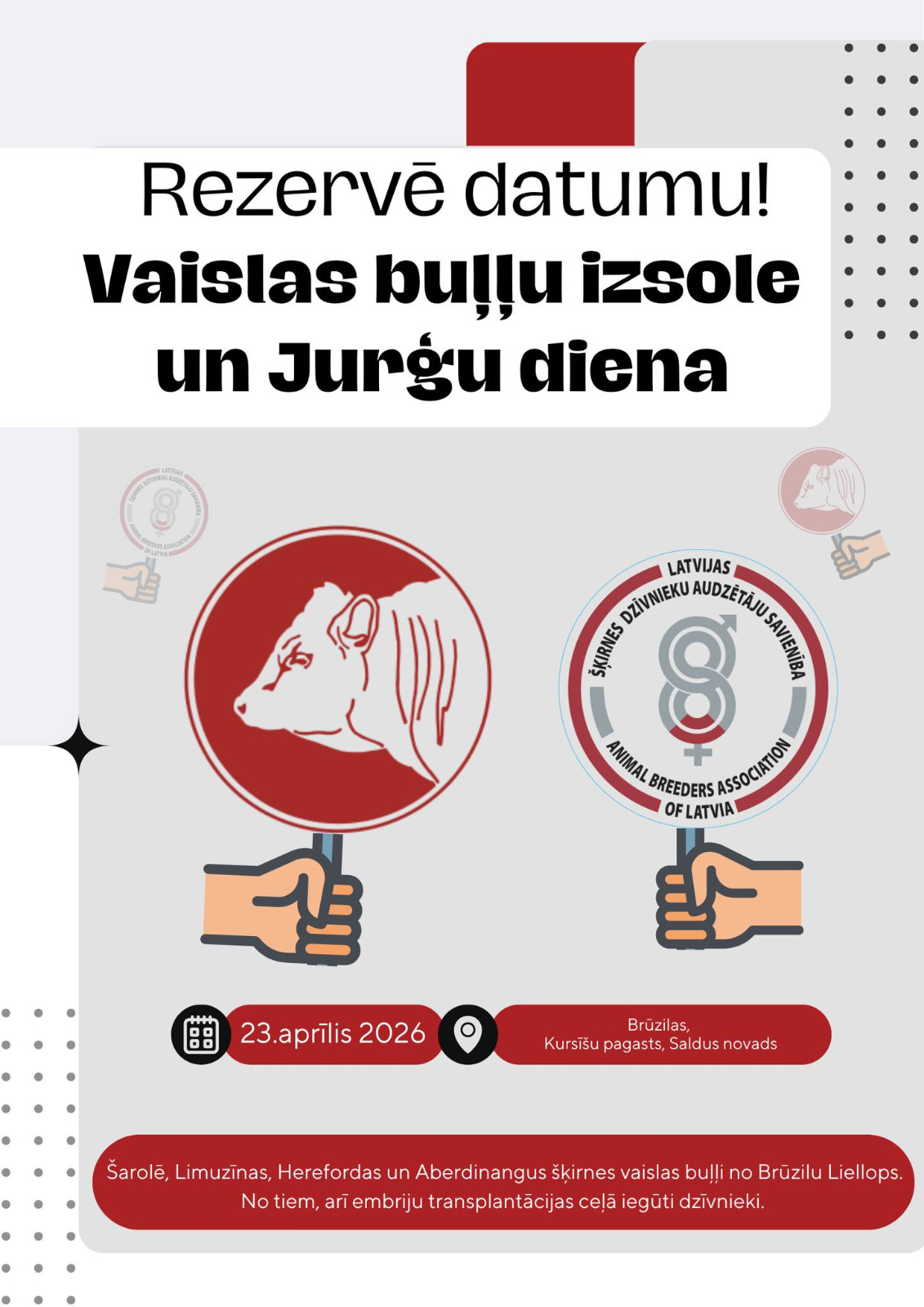 Read more about the article Aicinām uz Brūzilu liellopu vaislas buļļu izsoli 23.04.2026